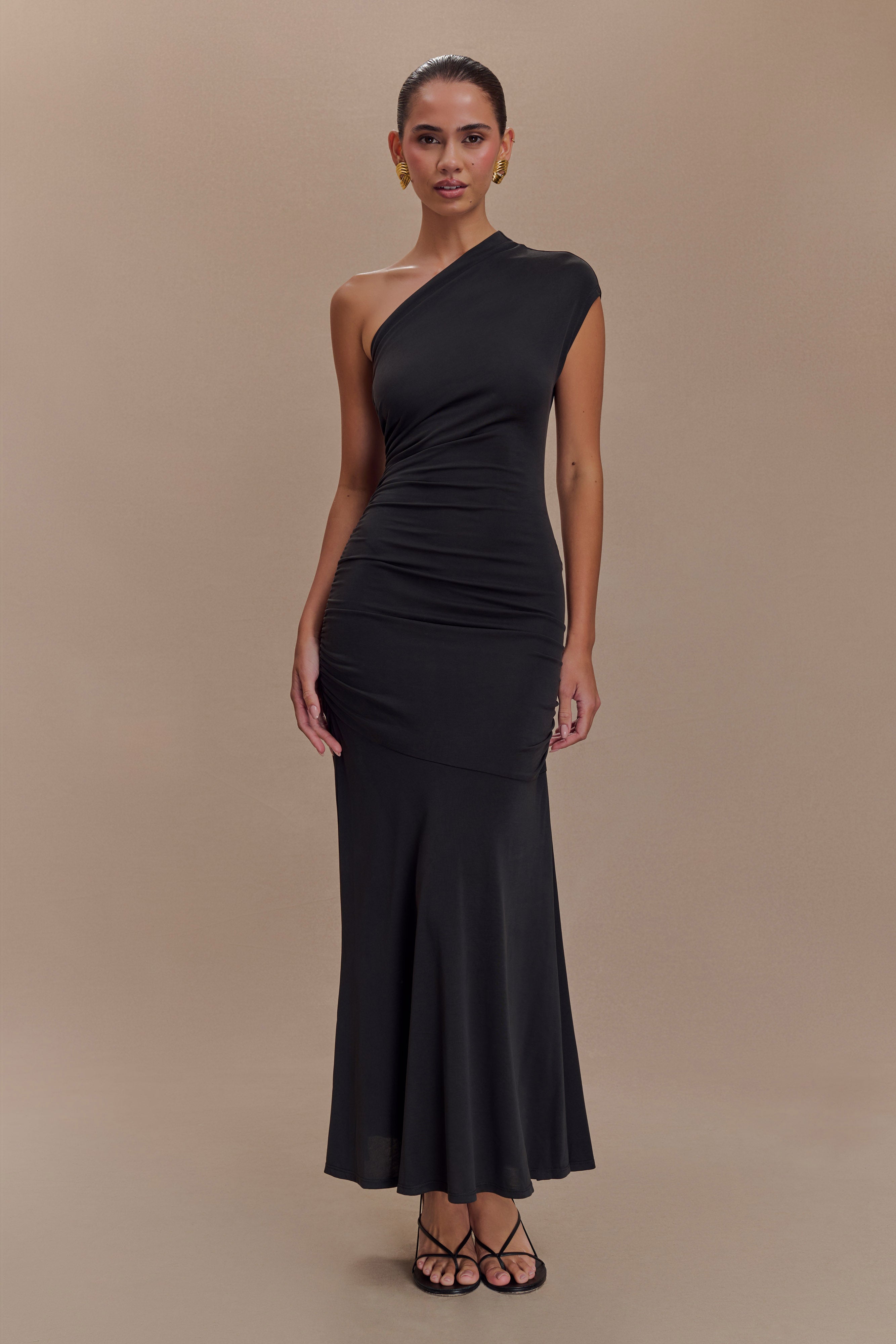 Chloe Peached Jersey One Shoulder Midi Dress - Black
